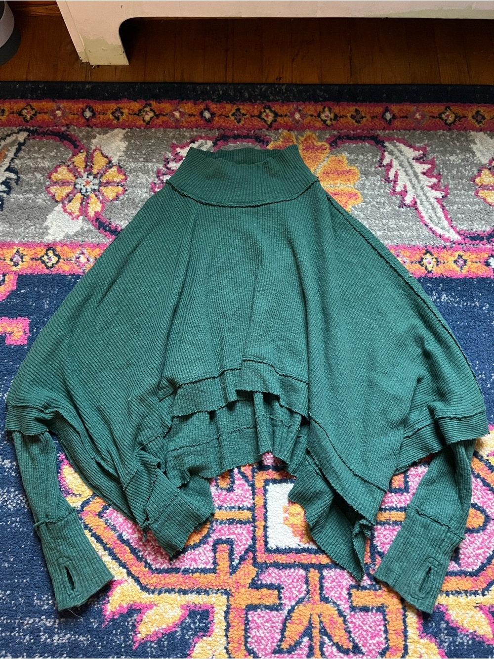 Free People Forest Green Ribbed High-Neck Poncho Sweater